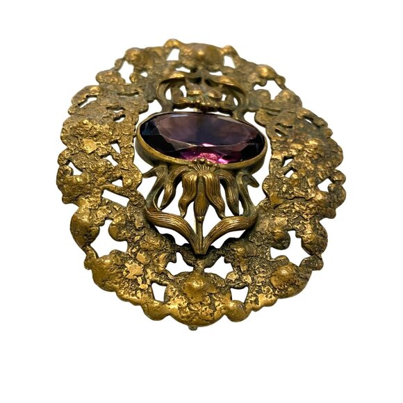 Victorian Brass Amethyst Purple Glass Sash Brooch Pin Art Nouveau 1800s - Picture 3 of 8